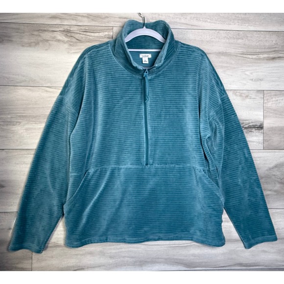 L.L. Bean Sweaters - L.L.Bean Teal Ribbed Velour Quarter Zip Pullover Women's Large